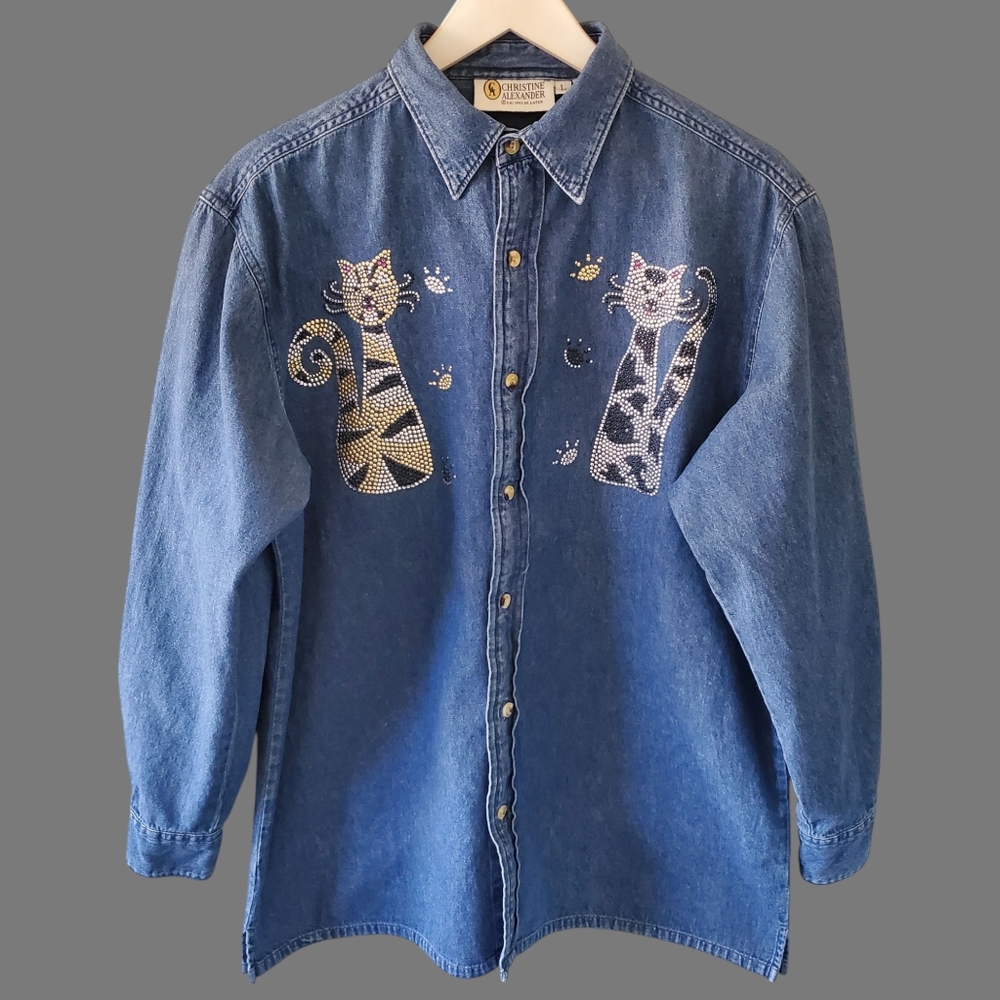 Christine Alexander L Vintage 90s Crazy Cat Lady Beaded Eclectic Denim Shirt